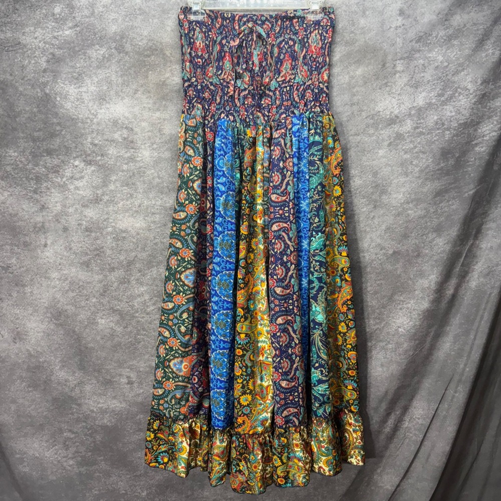 Earthbound Trading Co Paisley Patchwork Smocked Strapless Maxi Dress Size M